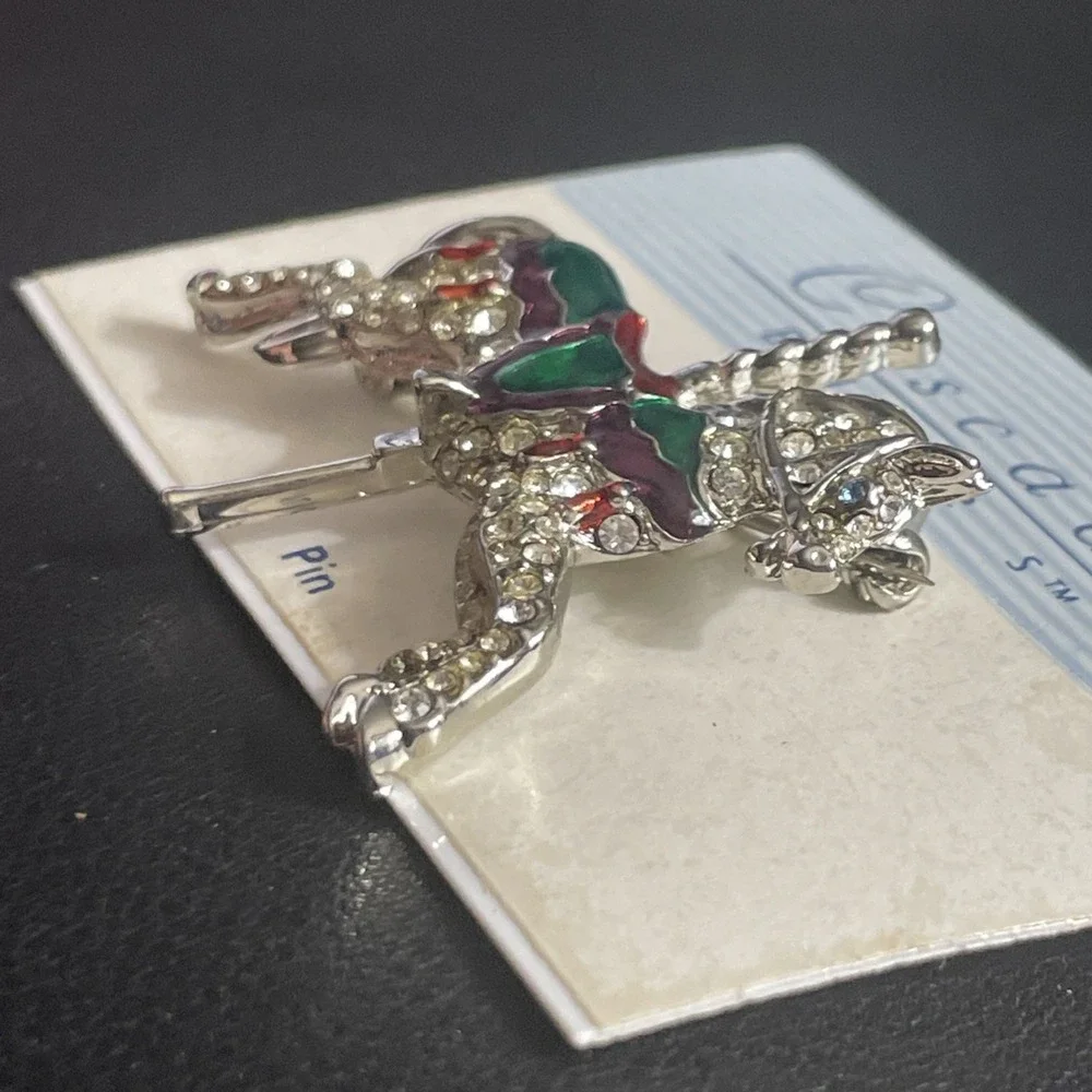 Vintage Carousel‎ Horse Brooch Rhinestone Carnival Festival Enamel Silver Tone